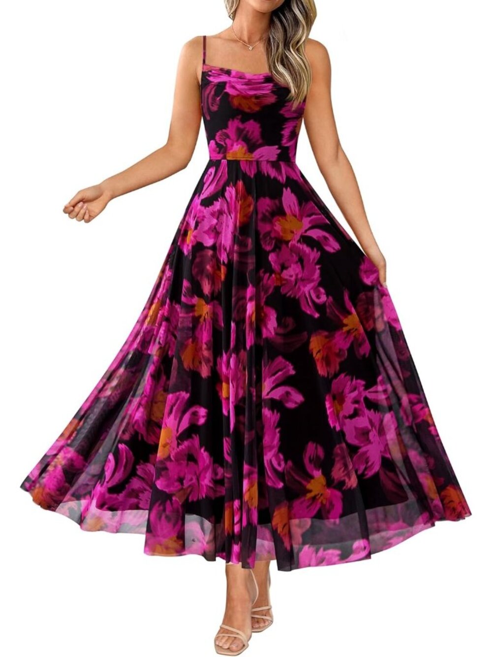 〽️Black Rose Red Floral Maxi Dress Women's A Line Cowl Neck Spaghetti Strap